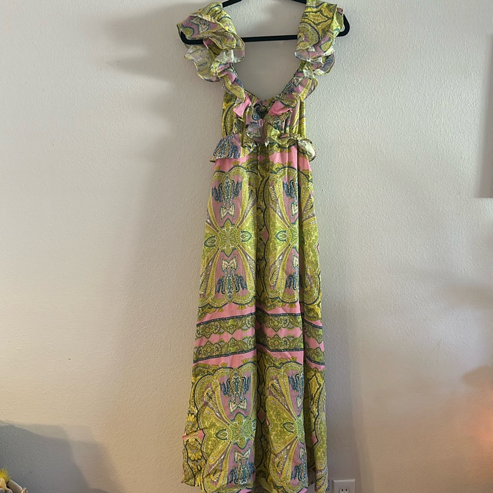 A Loves A- Floral Ruffle Maxi Dress - Pink and Green
